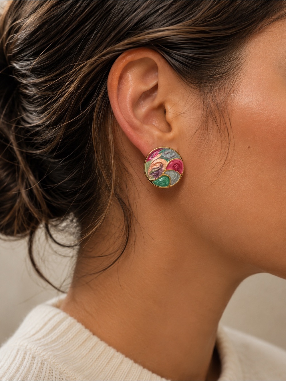 Vintage Colorful Enamel Swirl Gold Tone Round Statement Earrings
